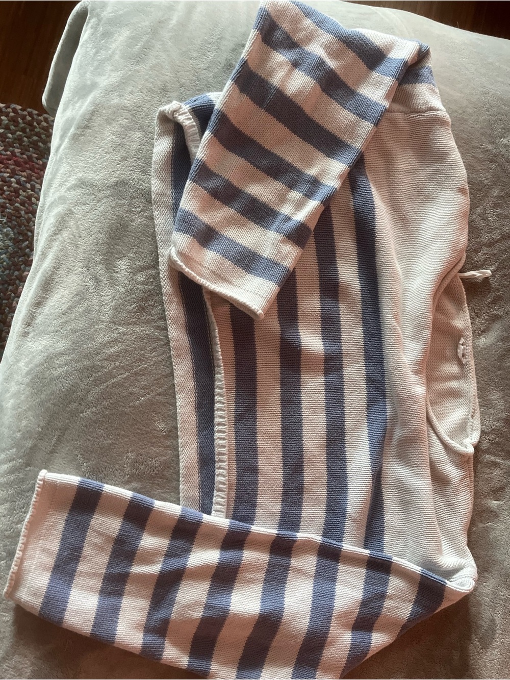 Women’s Cropped Striped Blue and Cream Knit Off the Shoulder Top